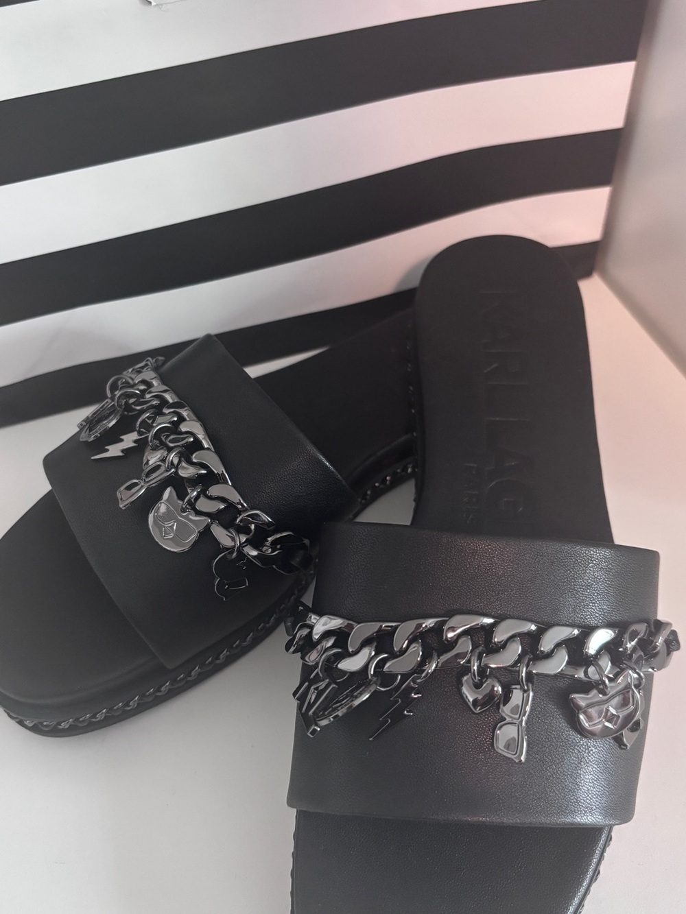 Black Leather Slide Sandals with Silver Charm Chain